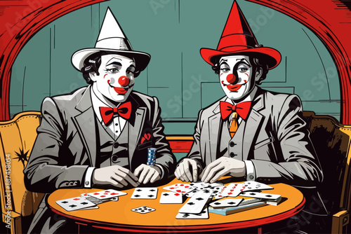 2 clowns playing cards illustration