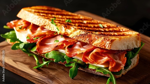 Highresolution closeup of a French grainfilled sandwich on a wooden board, highquality, sharp focus, natural lighting, detailed textures, inviting and hearty presentation photo