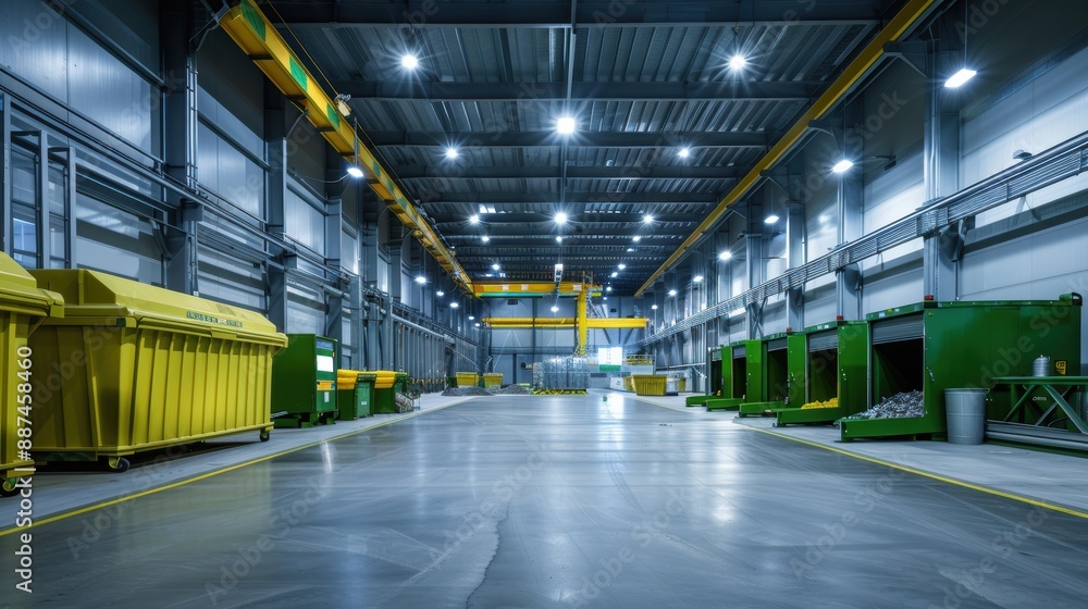 Long view of a well-organized large industrial warehouse with bins and lifting machinery under bright lighting. Long view of a well-organized large industrial warehouse with bins and lifting machinery under bright lighting.