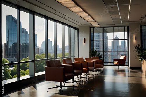 A conference room with a desk and a wall of windows