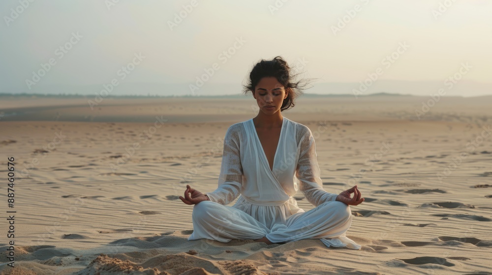 Fototapeta premium Serene woman in white meditating on beach at dawn, embodying peace and harmony with nature