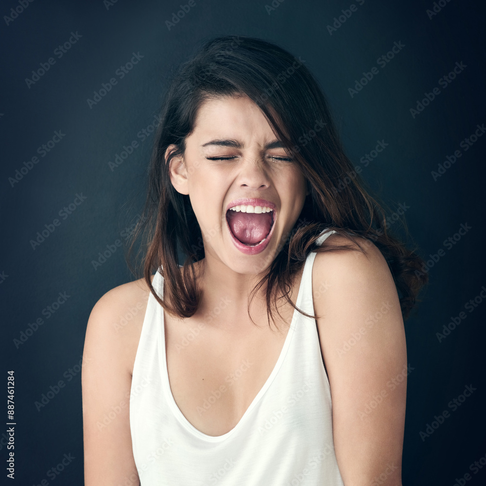 Woman, eyes closed and shouting in studio for angry crisis, frustrated with stress or rage. Female student, dark background or upset scream for burnout with school or education, mistake or depression Woman, eyes closed and shouting in studio for angry crisis, frustrated with stress or rage. Female student, dark background or upset scream for burnout with school or education, mistake or depression