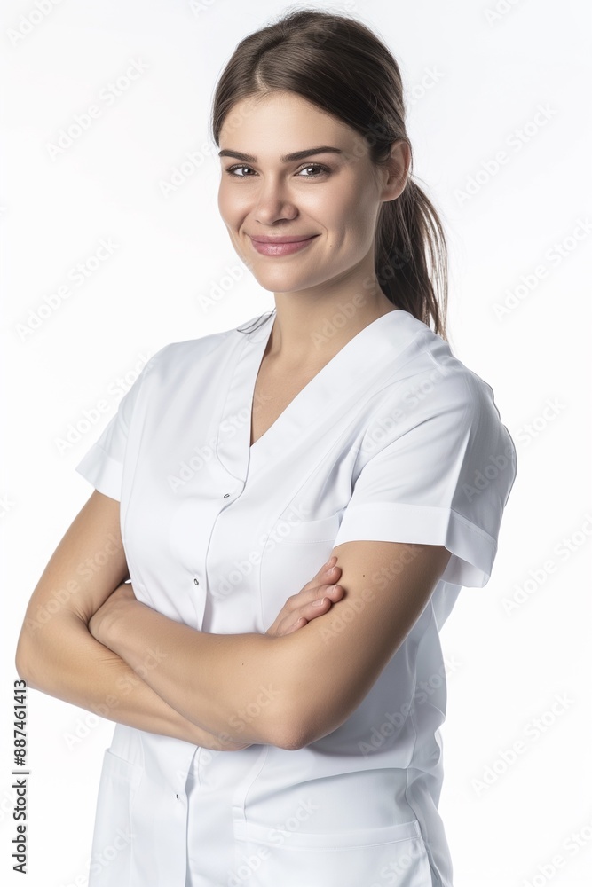 Beautiful woman smiling with crossed arms in a medical uniform, conveying confidence and approachability in healthcare. Beautiful woman smiling with crossed arms in a medical uniform, conveying confidence and approachability in healthcare.