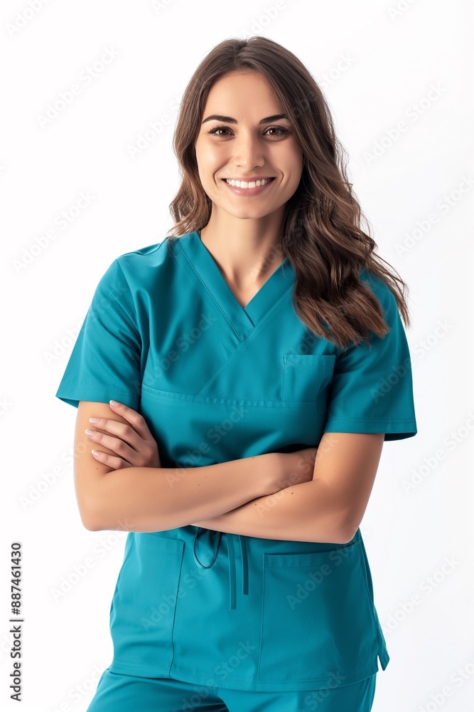 Happy woman in teal scrubs smiling with crossed arms. Perfect for medical, healthcare, and nursing themes. Happy woman in teal scrubs smiling with crossed arms. Perfect for medical, healthcare, and nursing themes.