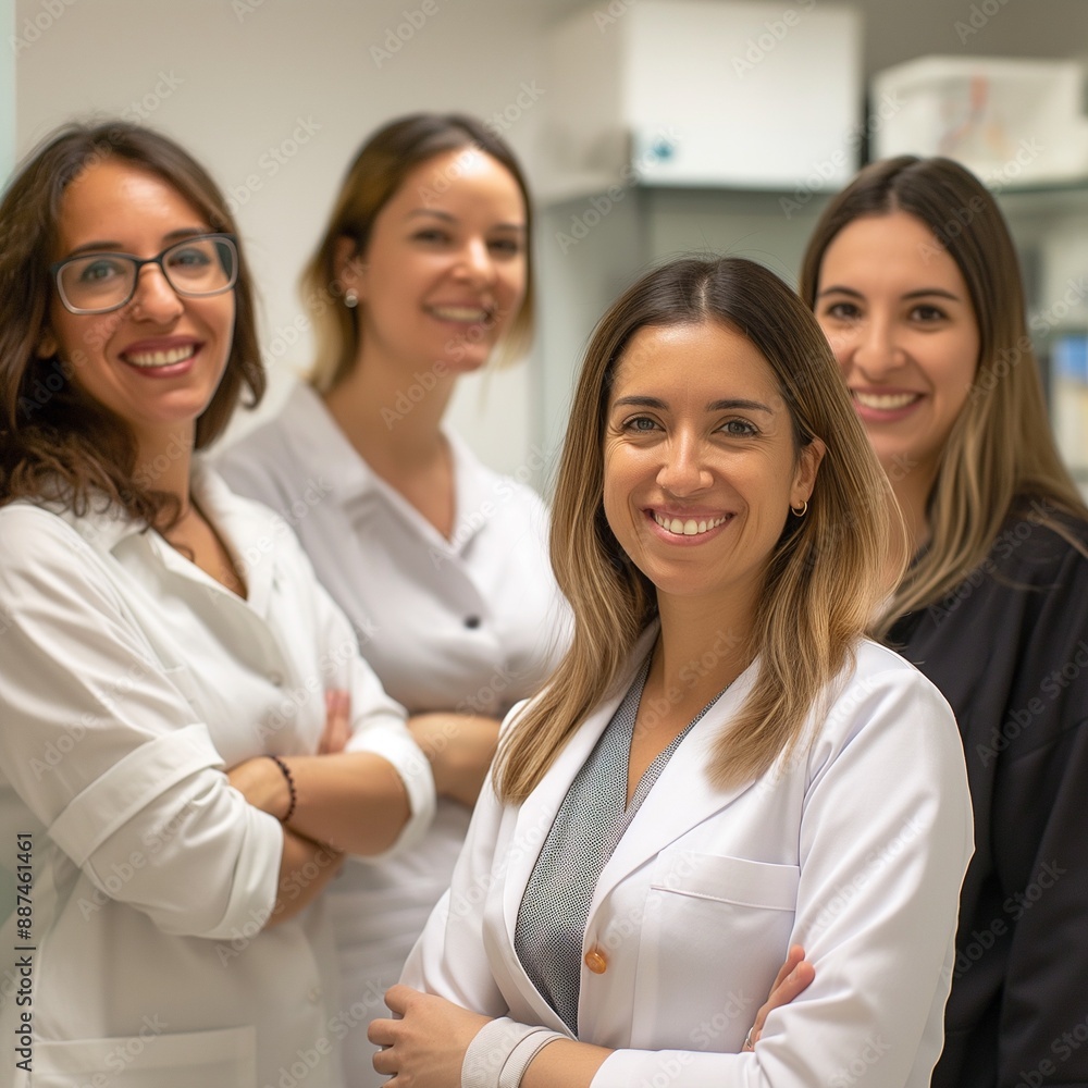 Dermatology staff from Spain in a clinic smiling, showcasing teamwork and professional dermatological care. Dermatology staff from Spain in a clinic smiling, showcasing teamwork and professional dermatological care.