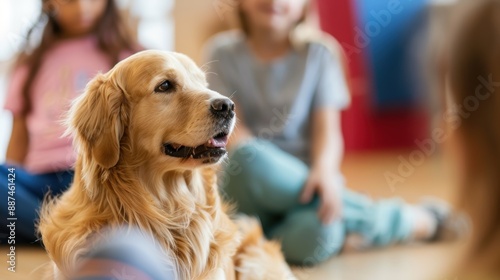 A friendly golden retriever sits among children in a school setting providing comfort and support as a therapy dog.