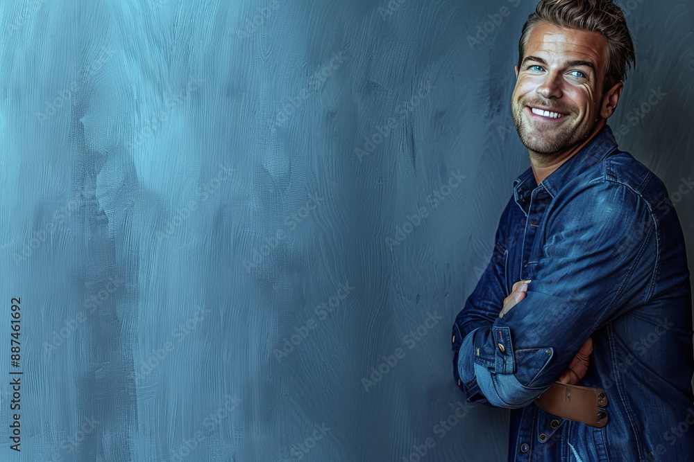 Obraz premium Handsome man digital illustration, blonde hair, blue eyes, in relaxed outfit on white background