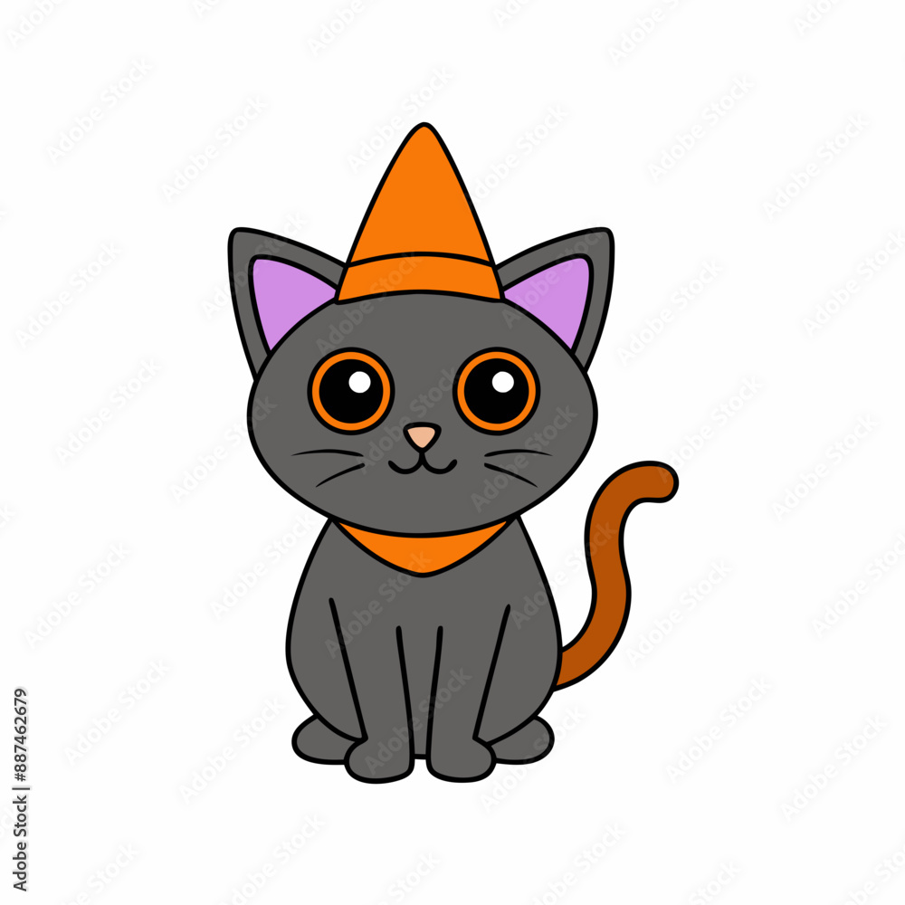 Vector illustration of a cute Halloween cat in a hat for International Cat Day with a minimalist and unclean aesthetic on a white background Vector illustration of a cute Halloween cat in a hat for International Cat Day with a minimalist and unclean aesthetic on a white background