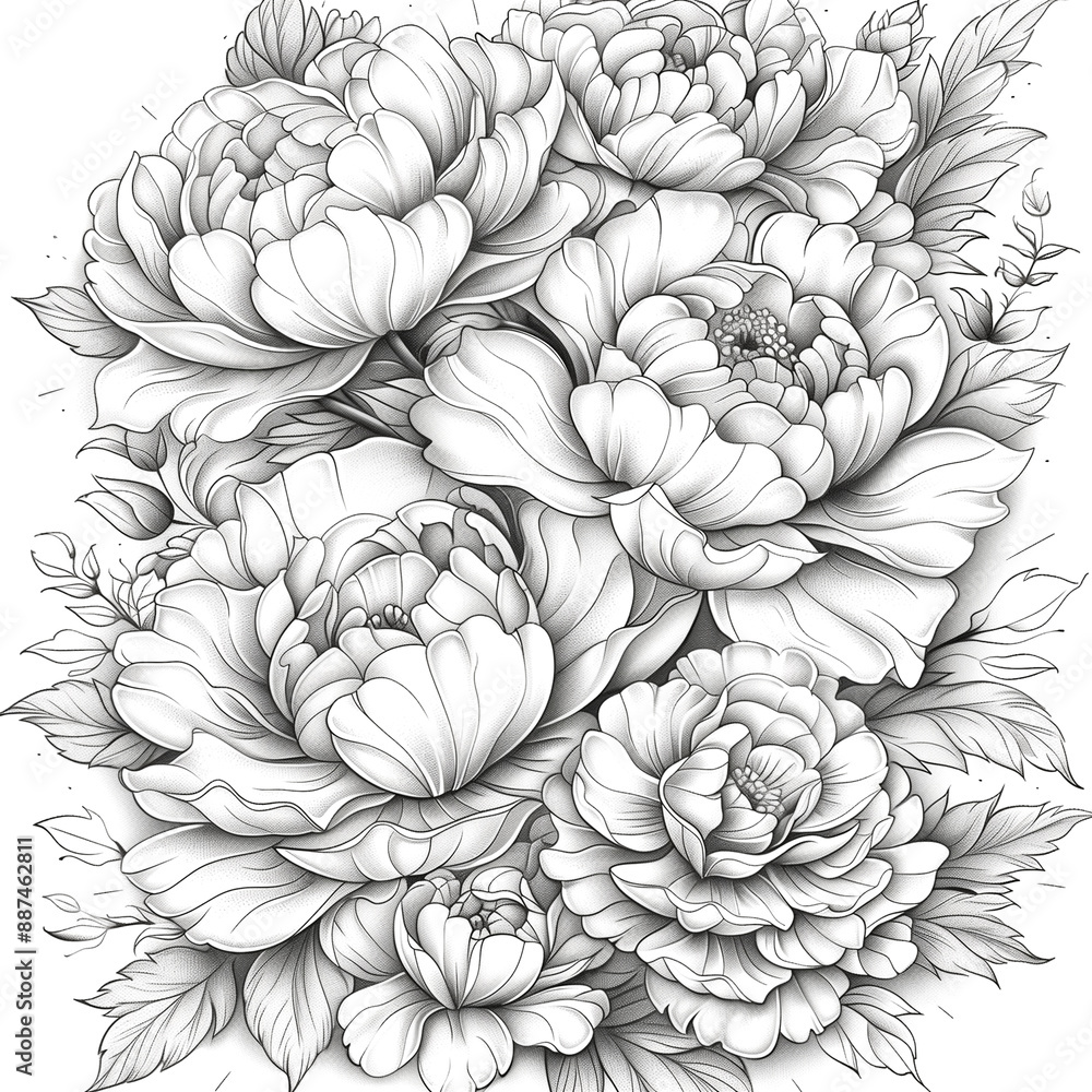 A drawing of a bouquet of white flowers. The flowers are arranged in a way that they look like they are blooming. The drawing has a serene and peaceful mood, as if it were a still life of flowers A drawing of a bouquet of white flowers. The flowers are arranged in a way that they look like they are blooming. The drawing has a serene and peaceful mood, as if it were a still life of flowers