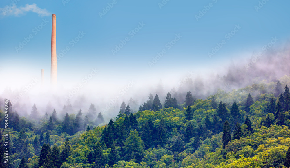 Smoke plume from ower plant emitting greenhouse gas into the atmosphere on forest trees background Smoke plume from ower plant emitting greenhouse gas into the atmosphere on forest trees background