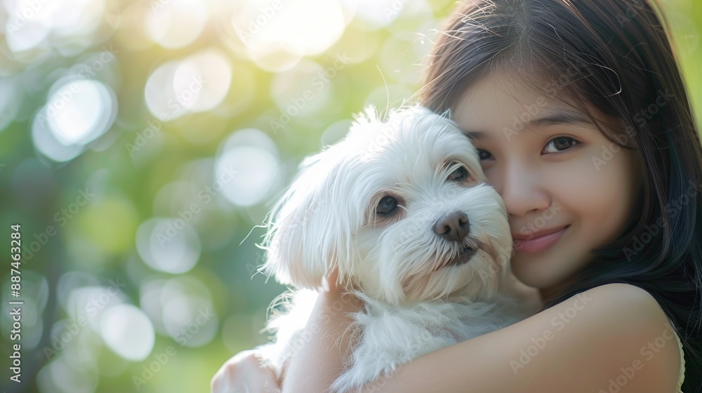 Beautiful young woman holding a cute white dog looking at the camera in the park on a blurry background