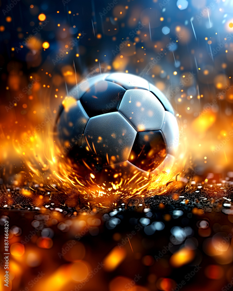 Fototapeta premium A soccer ball is surrounded by fire and smoke. The ball is the main focus of the image, and the fire and smoke create a dramatic and intense atmosphere