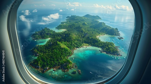Plane window view of tropical island scenery © RAFI