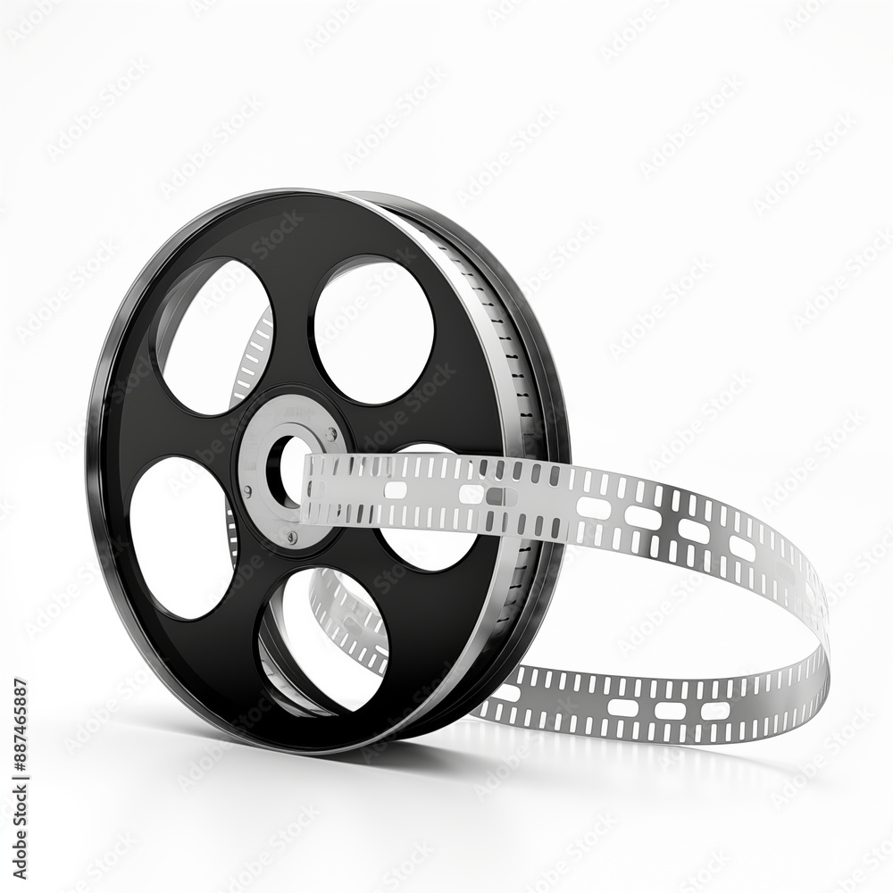 Naklejka premium Black And White Film Reel With Extended Strip On White Background