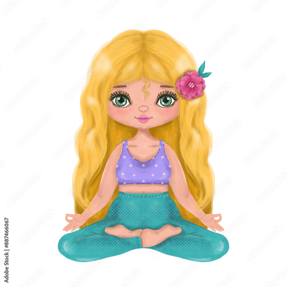 Cute girl yoga lotus pose. Cartoon funny girl sitting in pose lotus. Cute girl. Drawing. Hand painted illustration isolated on white background. Poster, print design. Cute girl yoga lotus pose. Cartoon funny girl sitting in pose lotus. Cute girl. Drawing. Hand painted illustration isolated on white background. Poster, print design.