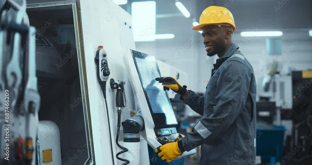 Machinery Technician Using Computer Screen to Program a CNC Machine at an Advanced Metal Production Facility. Young Black man in Work Gear Setting Up Manufacturing Process in a Factory Machinery Technician Using Computer Screen to Program a CNC Machine at an Advanced Metal Production Facility. Young Black man in Work Gear Setting Up Manufacturing Process in a Factory