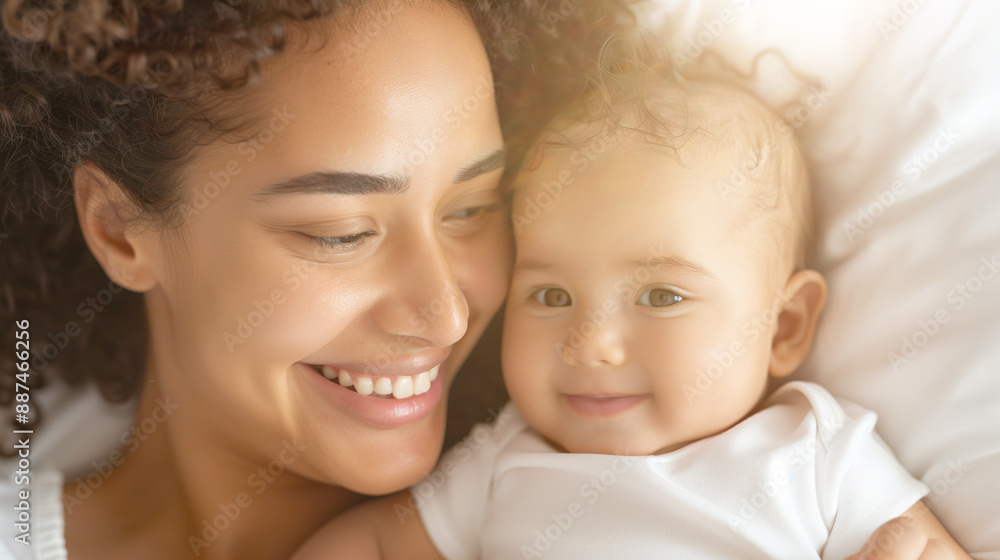 close up close up of African American mother and baby cuddling in bed close up close up of African American mother and baby cuddling in bed