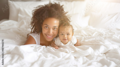 Wallpaper Mural african american mother and baby in bed looking at camera happy and smiling Torontodigital.ca