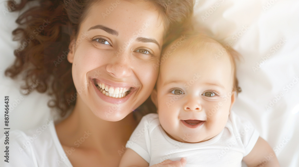 close-up of mother and baby, both smiling and looking at camera close-up of mother and baby, both smiling and looking at camera