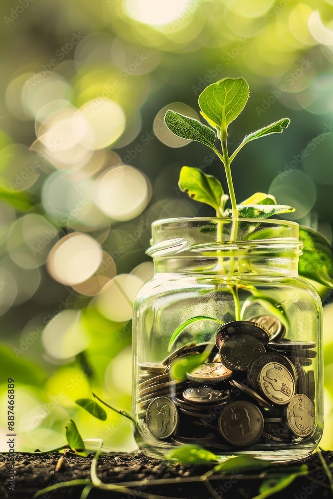 A clear jar filled with coins and a growing green plant, symbolizing financial growth, savings, investment, and nurturing economic prosperity in a natural setting. A clear jar filled with coins and a growing green plant, symbolizing financial growth, savings, investment, and nurturing economic prosperity in a natural setting.