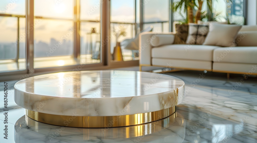 Marble coffee table, white marble with gold edges, round shape, in the center of an open space living room with large windows and modern furniture. Marble coffee table, white marble with gold edges, round shape, in the center of an open space living room with large windows and modern furniture.