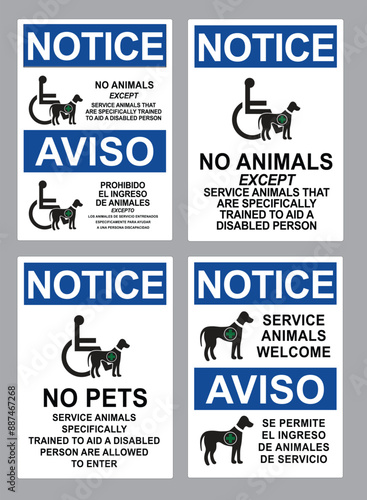 No Pets Allowed. Service Dogs Are Welcome sign. Wheelchair Accessible icon. Guide dogs welcome sign. Support, assistance animal.