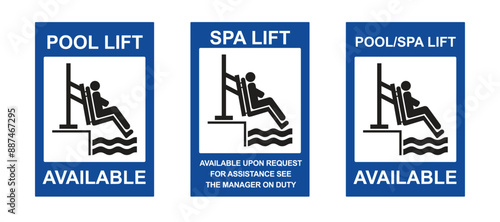 Pool handicap lift sign or Pool and spa lift for disabled sign. Disability people information flat icons.