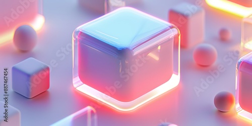 Abstract Futuristic 3D Render Minimalistic Style with Floating Geometric Shapes Isometric Design, Light Color Theme, Bright Background, and Soft Lighting