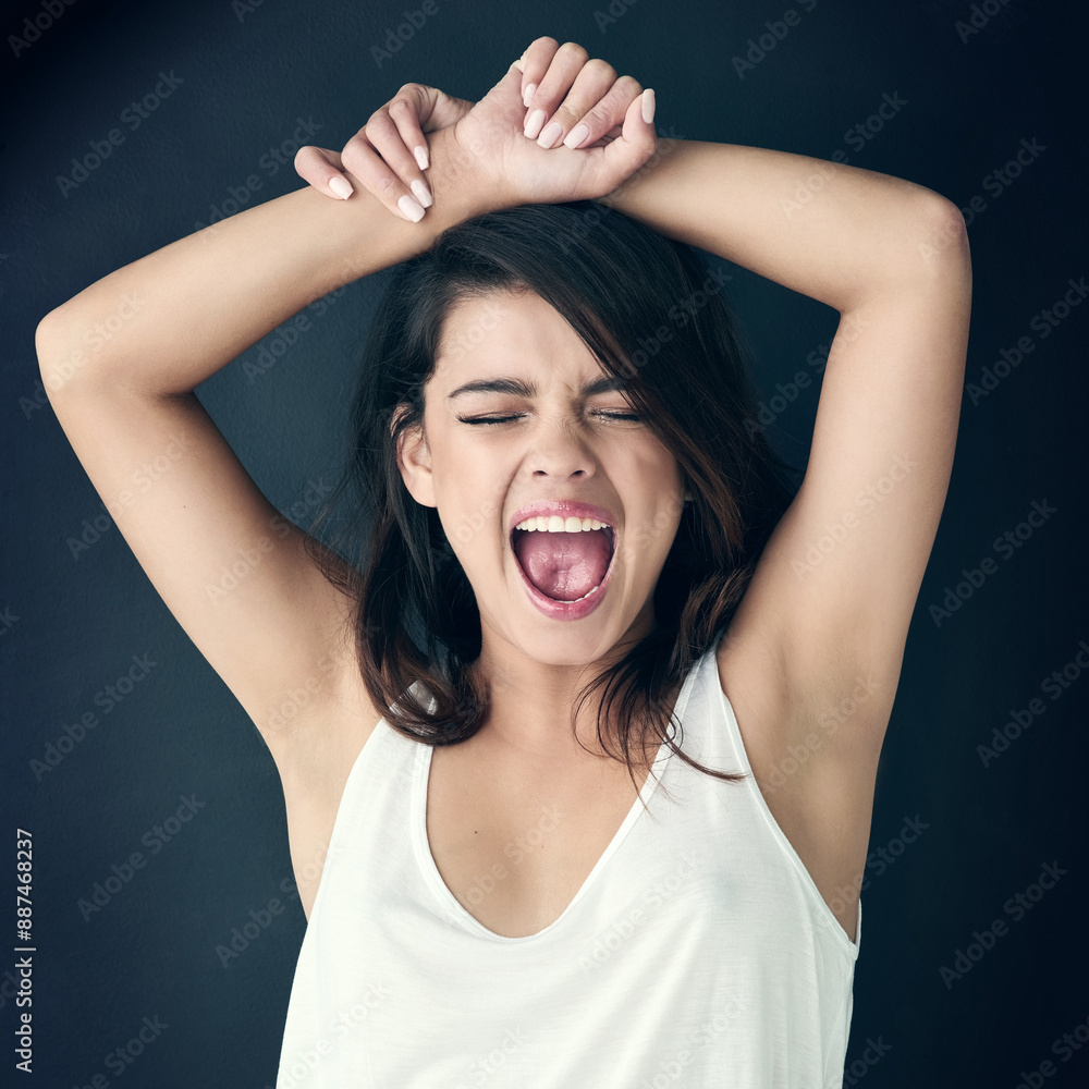 Woman, eyes closed and shouting in studio for angry crisis, frustrated with stress or rage. Female student, dark background or upset scream for burnout with school or education, mistake or depression Woman, eyes closed and shouting in studio for angry crisis, frustrated with stress or rage. Female student, dark background or upset scream for burnout with school or education, mistake or depression