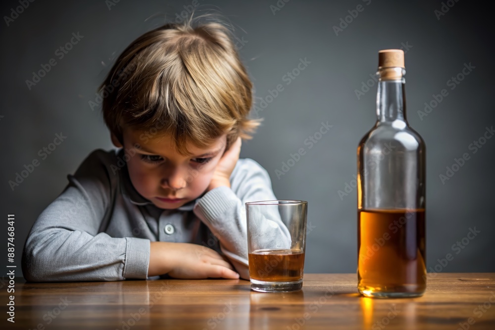 Sad child against the background of a bottle of alcohol Sad child against the background of a bottle of alcohol