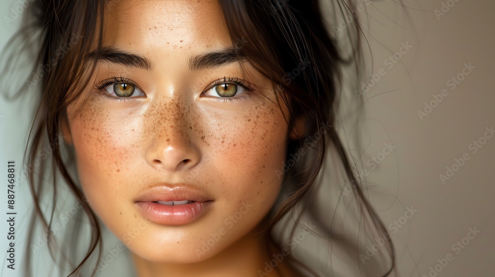 Close-up portrait of a young woman with natural makeup, freckles, and relaxed hair. Soft lighting enhances her features, creating a serene expression.