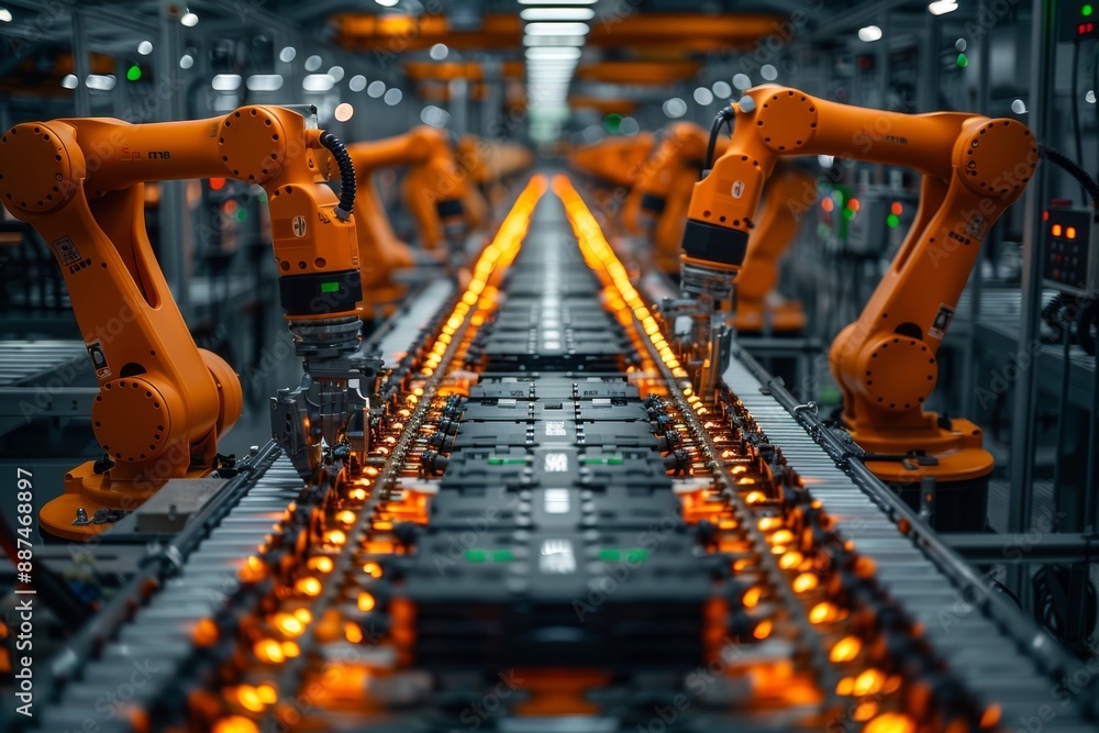 Automated electric vehicle factory robot arms transfer car battery modules in manufacturing process Automated electric vehicle factory robot arms transfer car battery modules in manufacturing process