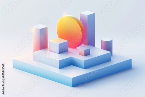 Abstract Futuristic 3D Render Minimalistic Style with Floating Geometric Shapes Isometric Design, Light Color Theme, Bright Background, and Soft Lighting