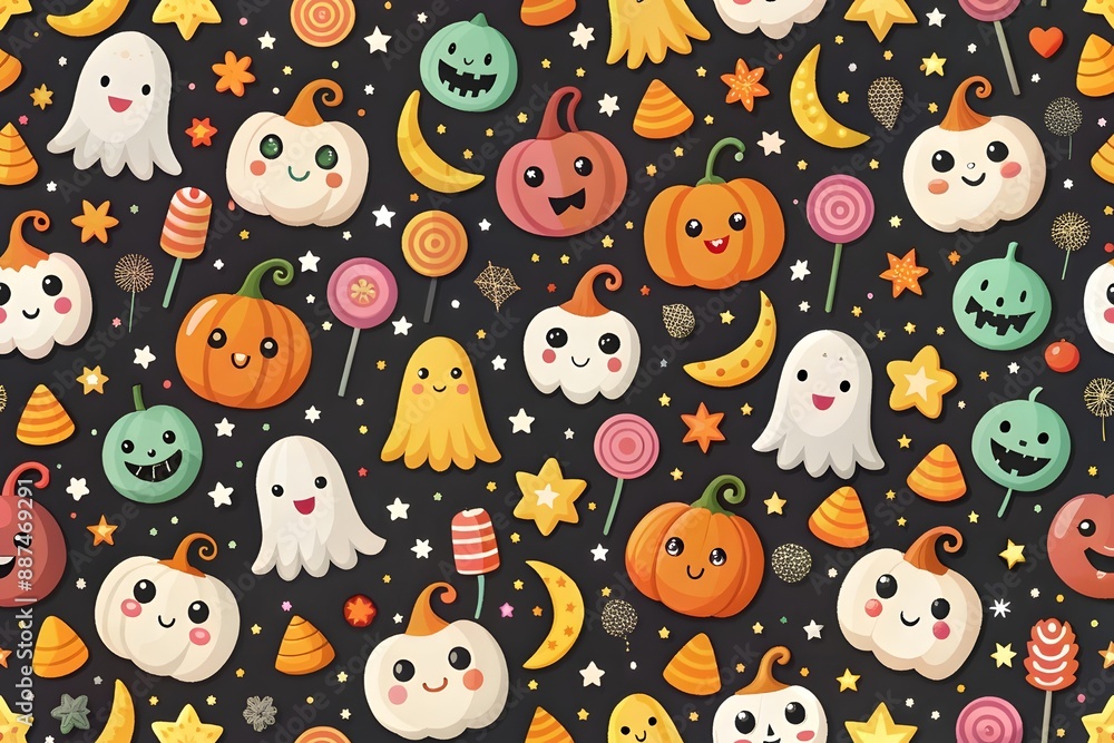 Fototapeta premium Seamless vector pattern with cute ghosts, colorful pumpkins, stars, moons, and candies. Vector Halloween texture on a black background