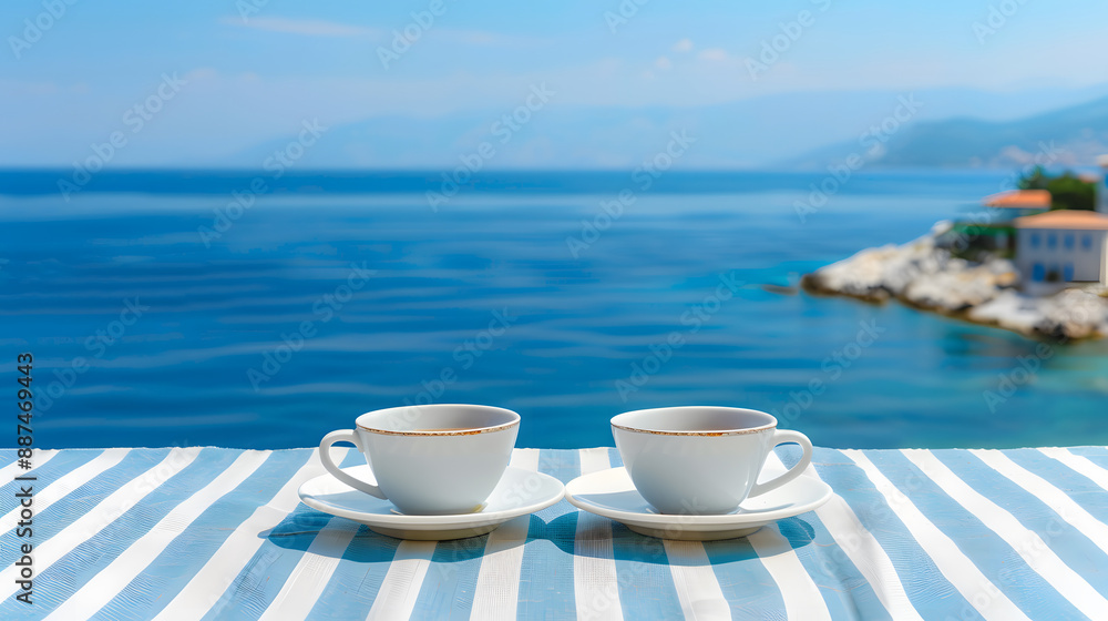 Two cups of coffee on a striped table overlooking a scenic seaside view, perfect for a relaxing morning by the ocean. Two cups of coffee on a striped table overlooking a scenic seaside view, perfect for a relaxing morning by the ocean.