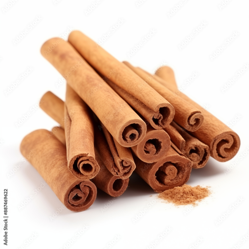 Stacked Cinnamon Sticks with Loose Powder on White Background Stacked Cinnamon Sticks with Loose Powder on White Background