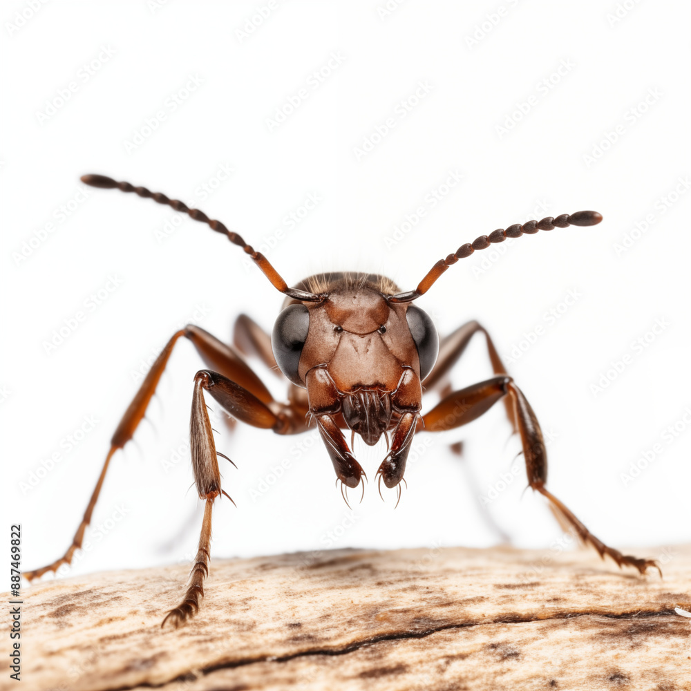 Macro Shot Of A Brown Ant On A Log, Isolated On White Background, Highlighting The Details Of This Small Insect Macro Shot Of A Brown Ant On A Log, Isolated On White Background, Highlighting The Details Of This Small Insect
