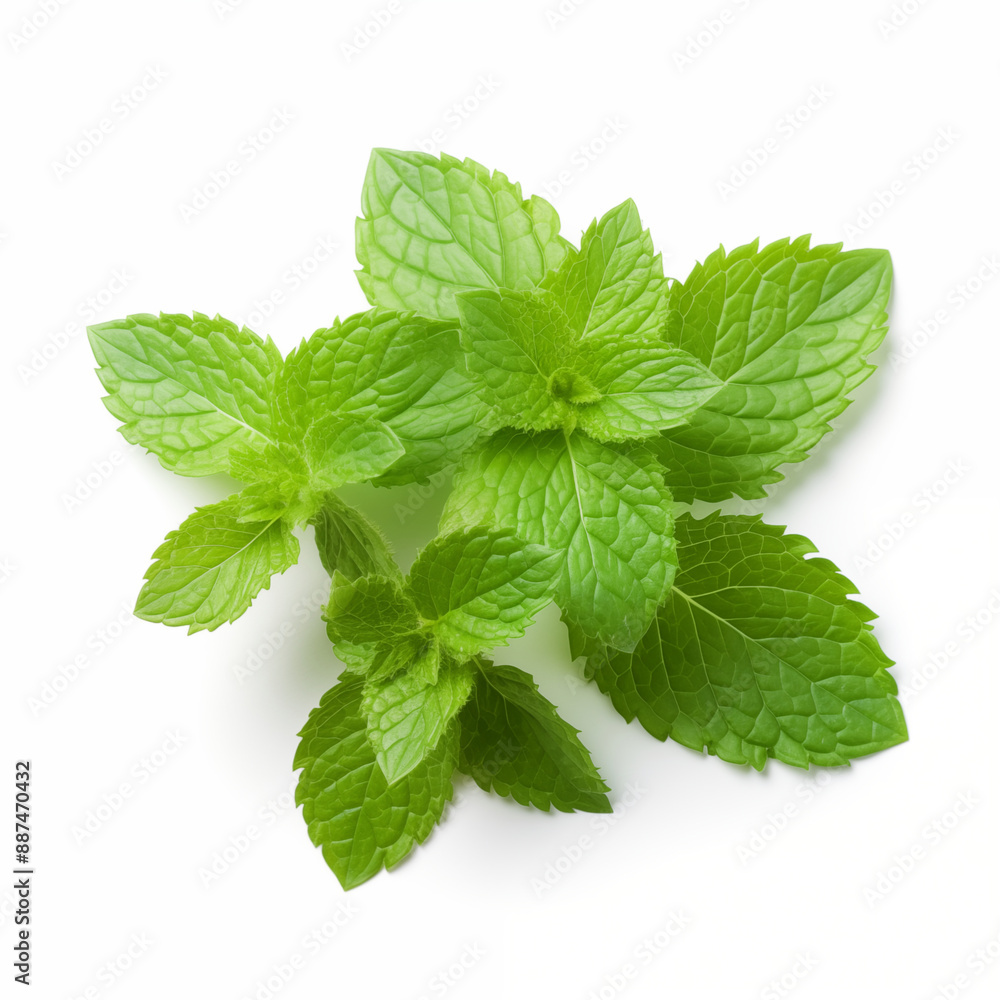 Top View of Fresh Mint Leaves on White Background Showing Natural Herbal Freshness and Detail Top View of Fresh Mint Leaves on White Background Showing Natural Herbal Freshness and Detail