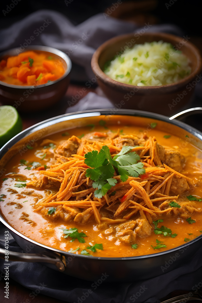 A warm, spiced chicken haleem presented in a rustic bowl against a dark backdrop A warm, spiced chicken haleem presented in a rustic bowl against a dark backdrop