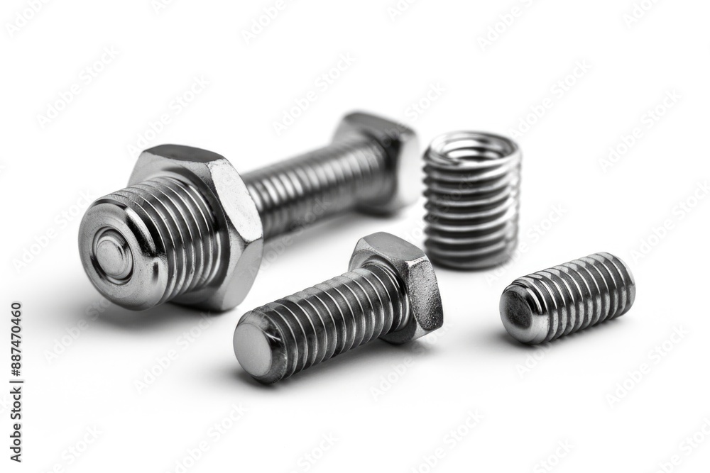 A collection of screws and nuts arranged on a clean white surface A collection of screws and nuts arranged on a clean white surface
