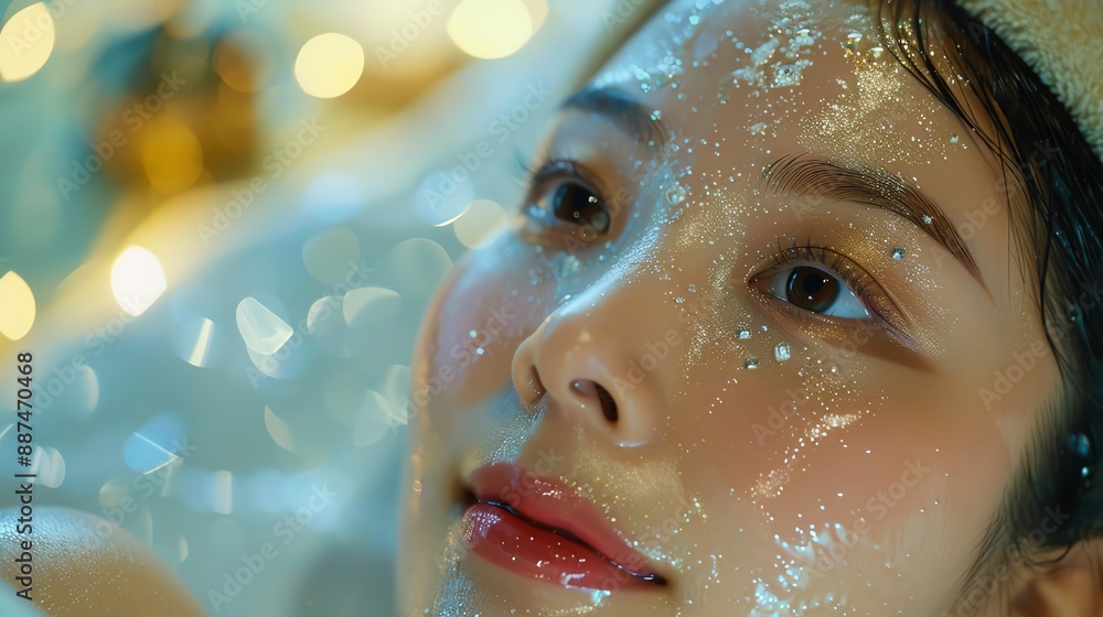 Close-up of a woman relaxing with a facial mask, enjoying a serene moment with soft sparkling lights in the background. Close-up of a woman relaxing with a facial mask, enjoying a serene moment with soft sparkling lights in the background.