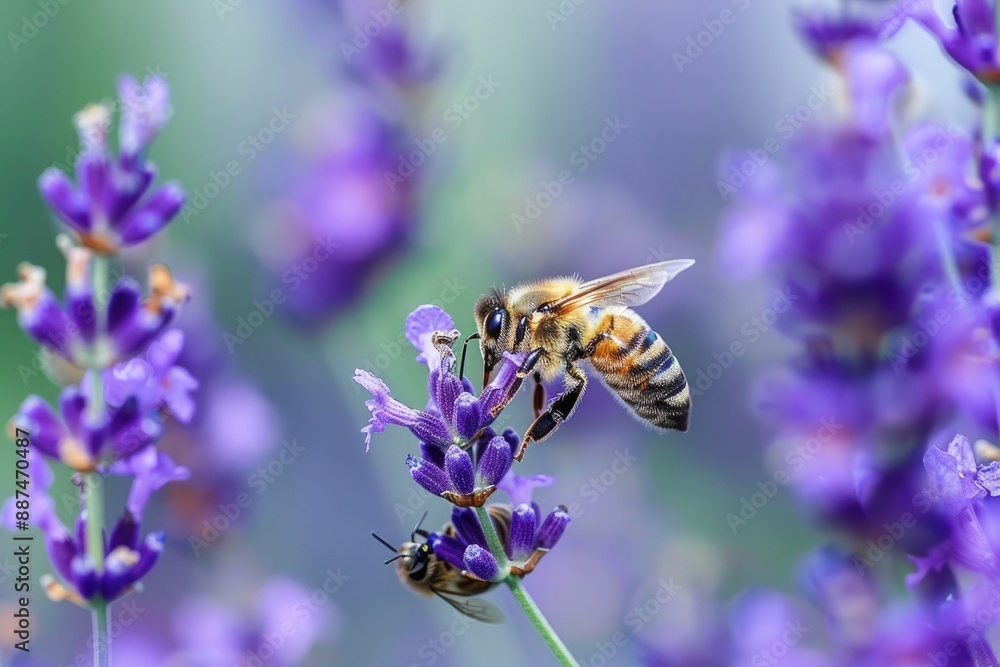A close-up of a bee collecting nectar from a lavender flower, with a blurred purple background A close-up of a bee collecting nectar from a lavender flower, with a blurred purple background