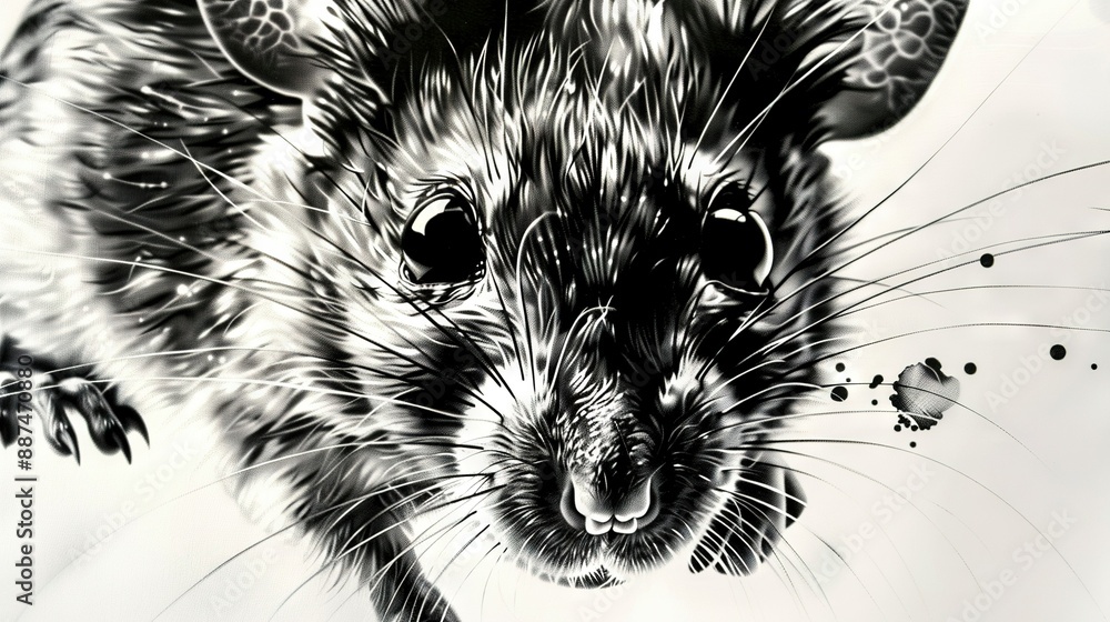 Φωτογραφία A monochrome depiction of a rodent with two butterflies adorning its head and t
