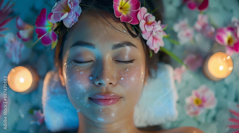 Relaxing spa treatment with a woman lying on a bed surrounded by flowers and candles, enjoying a facial mask and a peaceful ambiance. Relaxing spa treatment with a woman lying on a bed surrounded by flowers and candles, enjoying a facial mask and a peaceful ambiance.