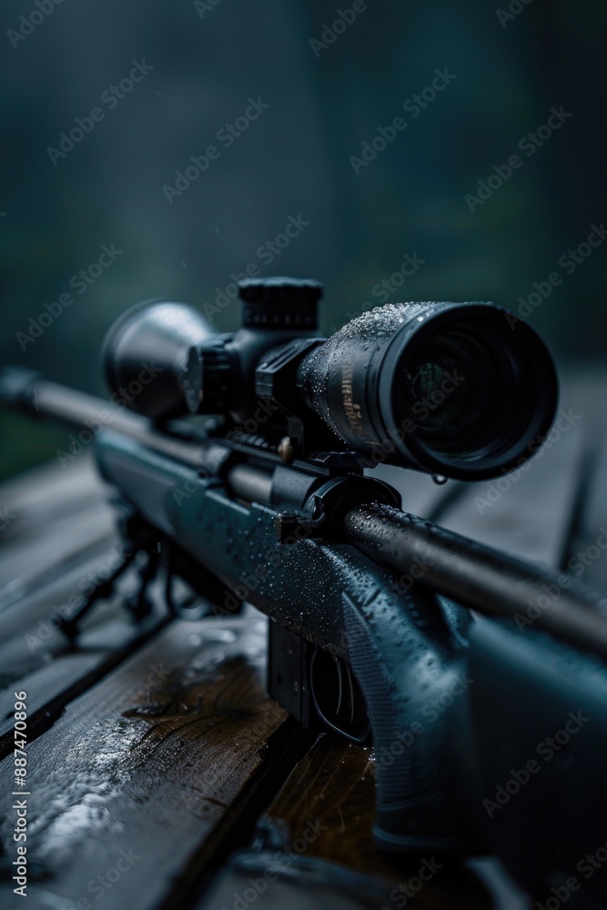 Close-up shot of a rifle on a wooden table Close-up shot of a rifle on a wooden table