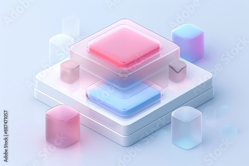 Abstract Futuristic 3D Render Minimalistic Style with Floating Geometric Shapes Isometric Design, Light Color Theme, Bright Background, and Soft Lighting
