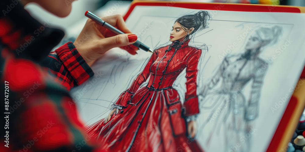 Fototapeta premium A fashion designer is drawing a woman in a red dress in ink pen. Close-up of the drawing