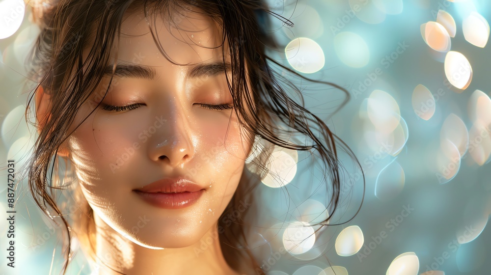 Serene woman with closed eyes in soft, dreamy light. Peaceful expression. Radiant bokeh background enhances tranquil ambiance. Serene woman with closed eyes in soft, dreamy light. Peaceful expression. Radiant bokeh background enhances tranquil ambiance.