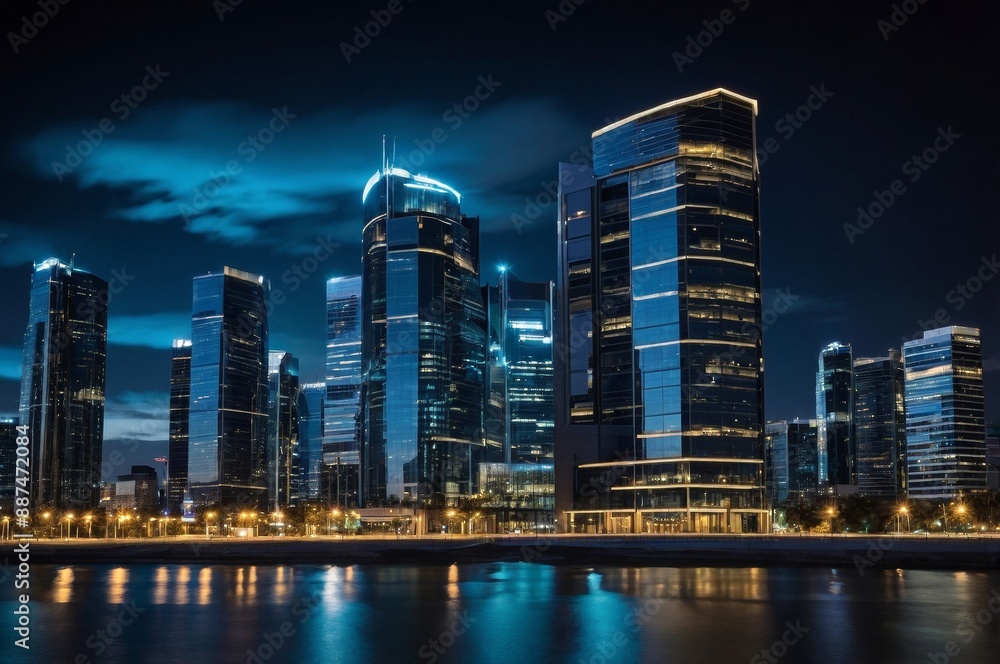 Obraz premium Nighttime cityscape with illuminated skyscrapers creating modern and vibrant urban scene