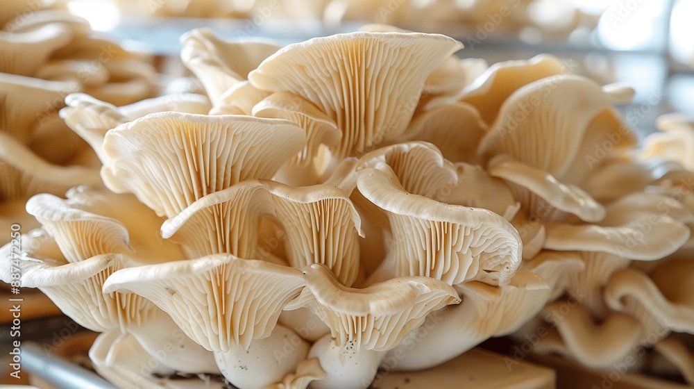 A cluster of fungi resting atop a wooden surface alongside an assortment of other mushrooms stacked on a table A cluster of fungi resting atop a wooden surface alongside an assortment of other mushrooms stacked on a table